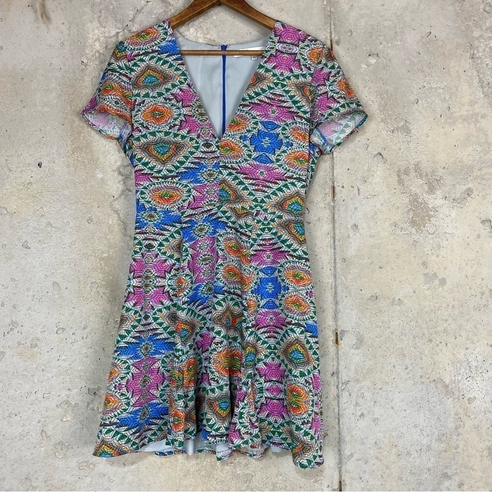 Lovers and friends, fuchsia pink blue stained glass print, fit flare, mini dress